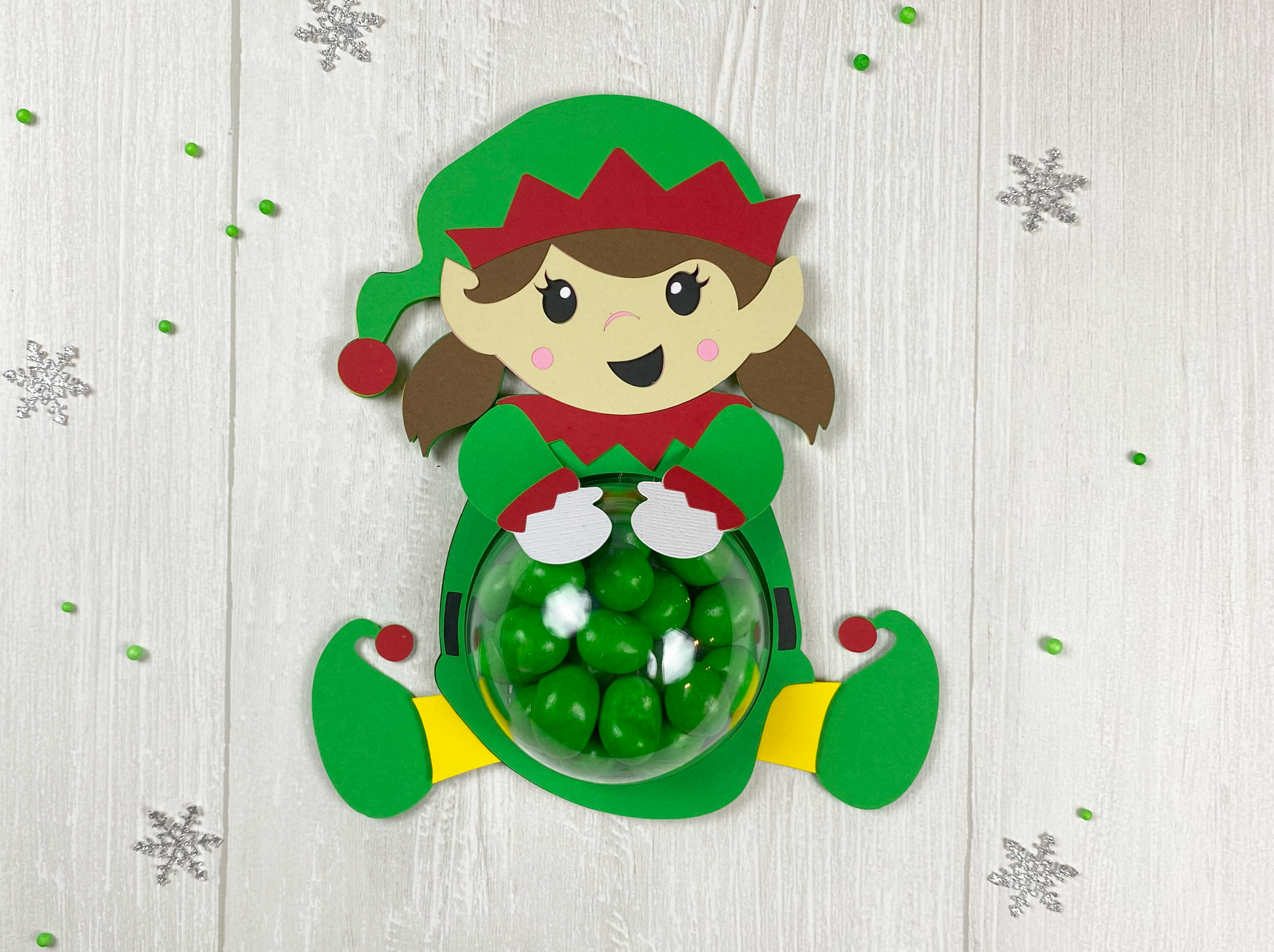 Cute girl elf dome candy holder. DIY template for Cricut or Silhouette. Perfect for stocking stuffers, party favors, class gifts.