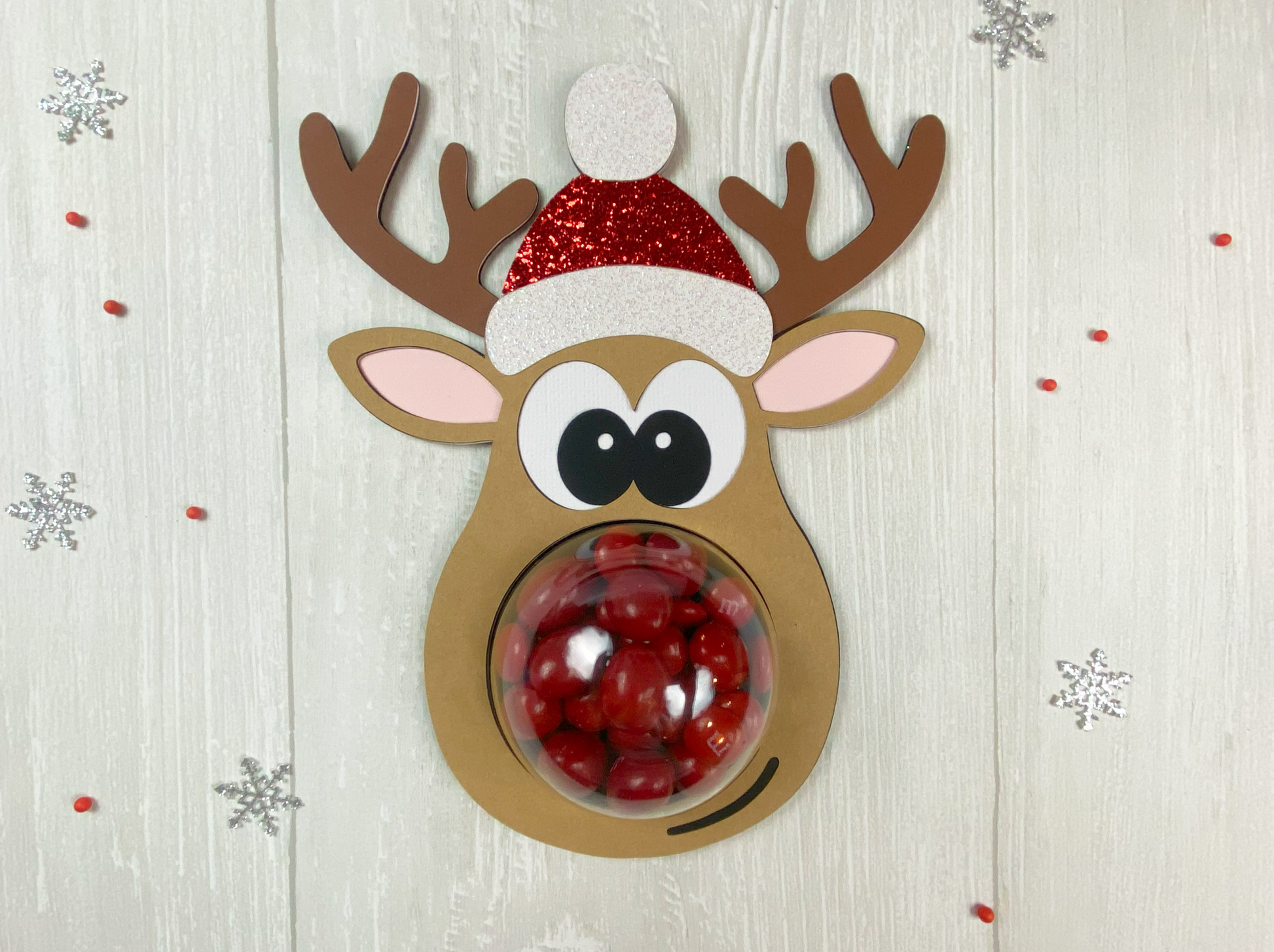 Rudolph the red nosed reindeer dome candy holder template for Cricut or Silhouette. Perfect for stocking stuffers, party favors, Christmas gifts.