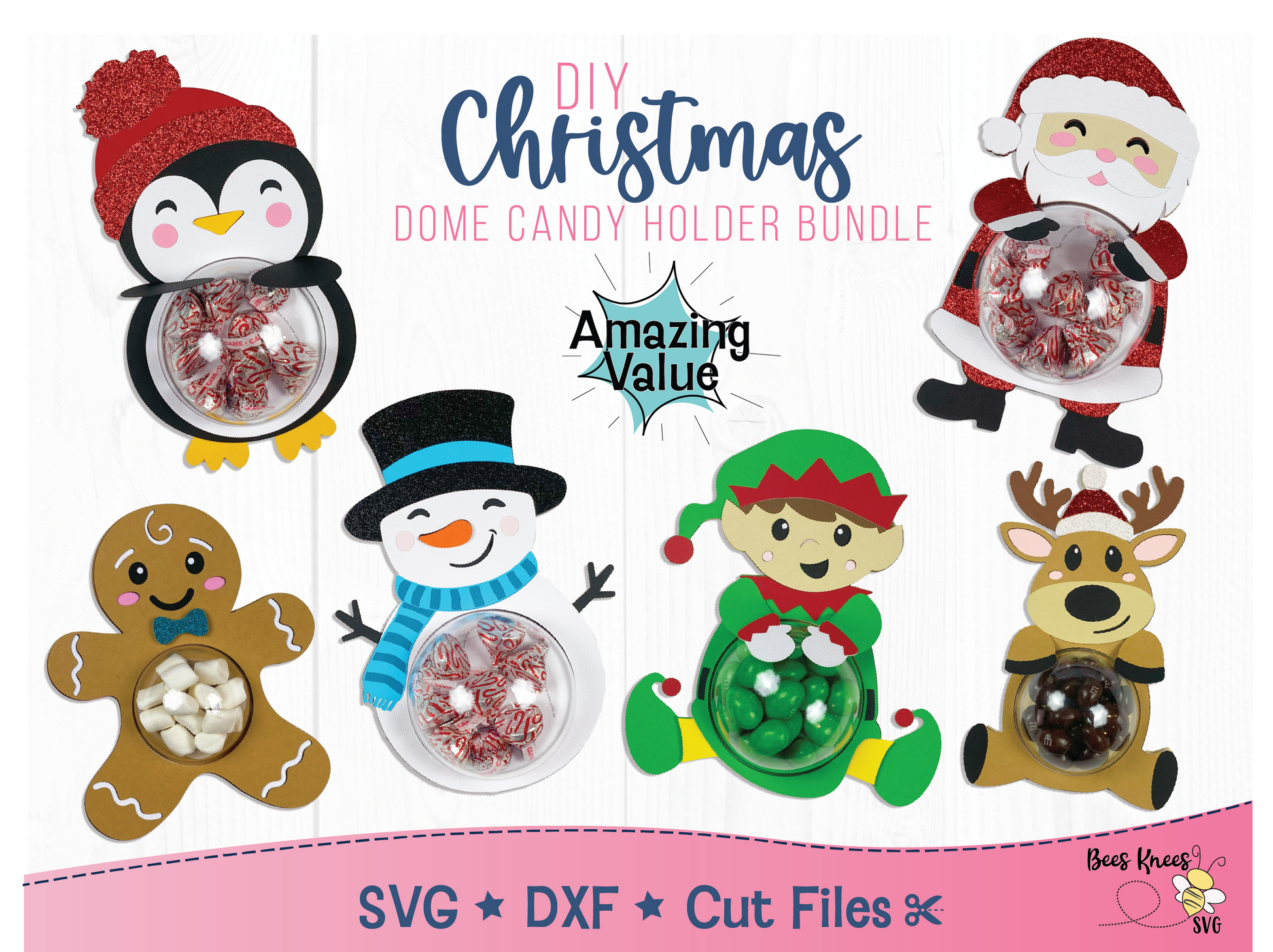 Christmas Bundle Dome Candy Holders. Santa, Penguin with Hat, Gingerbread Man, Snowman, Elf and Reindeer