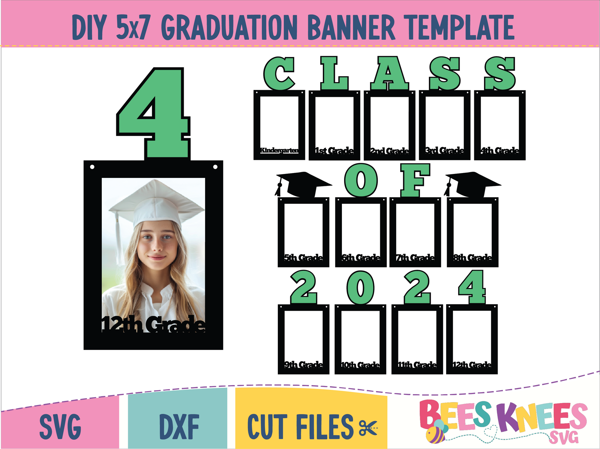 Graduation photo banner size 5x7 with frames including classes k - 12. Says Class of 2024 across the top.