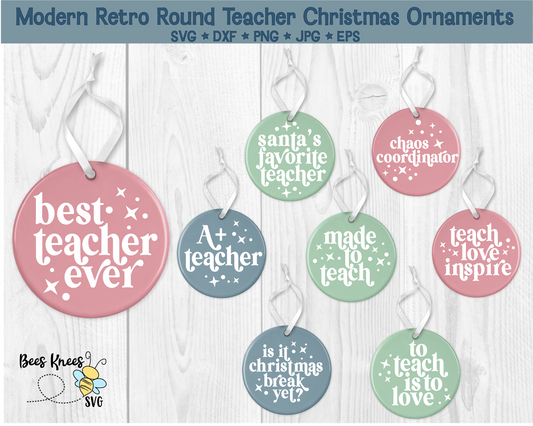 Round Modern Retro Christmas Teacher Ornaments SVG File
